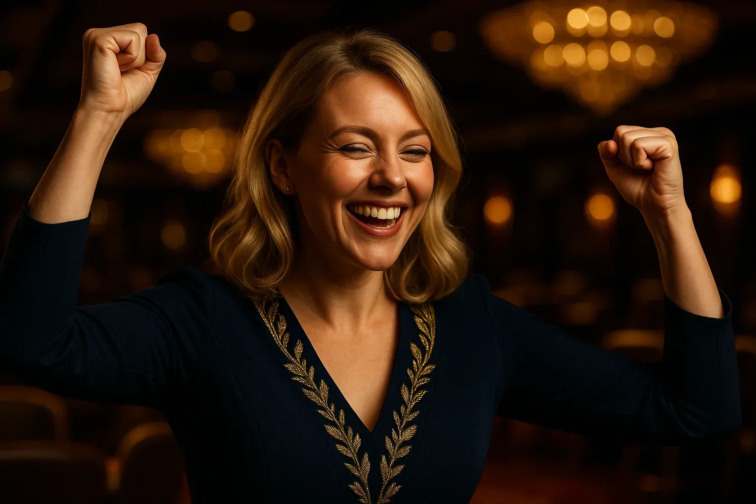 Joyful British woman celebrating with raised arms in casino VIP lounge