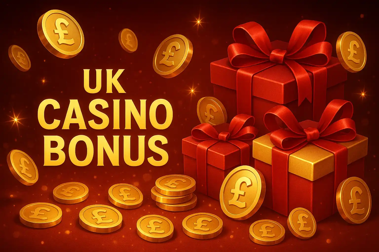 UK casino bonus banner with golden coins, gift boxes and pound symbols