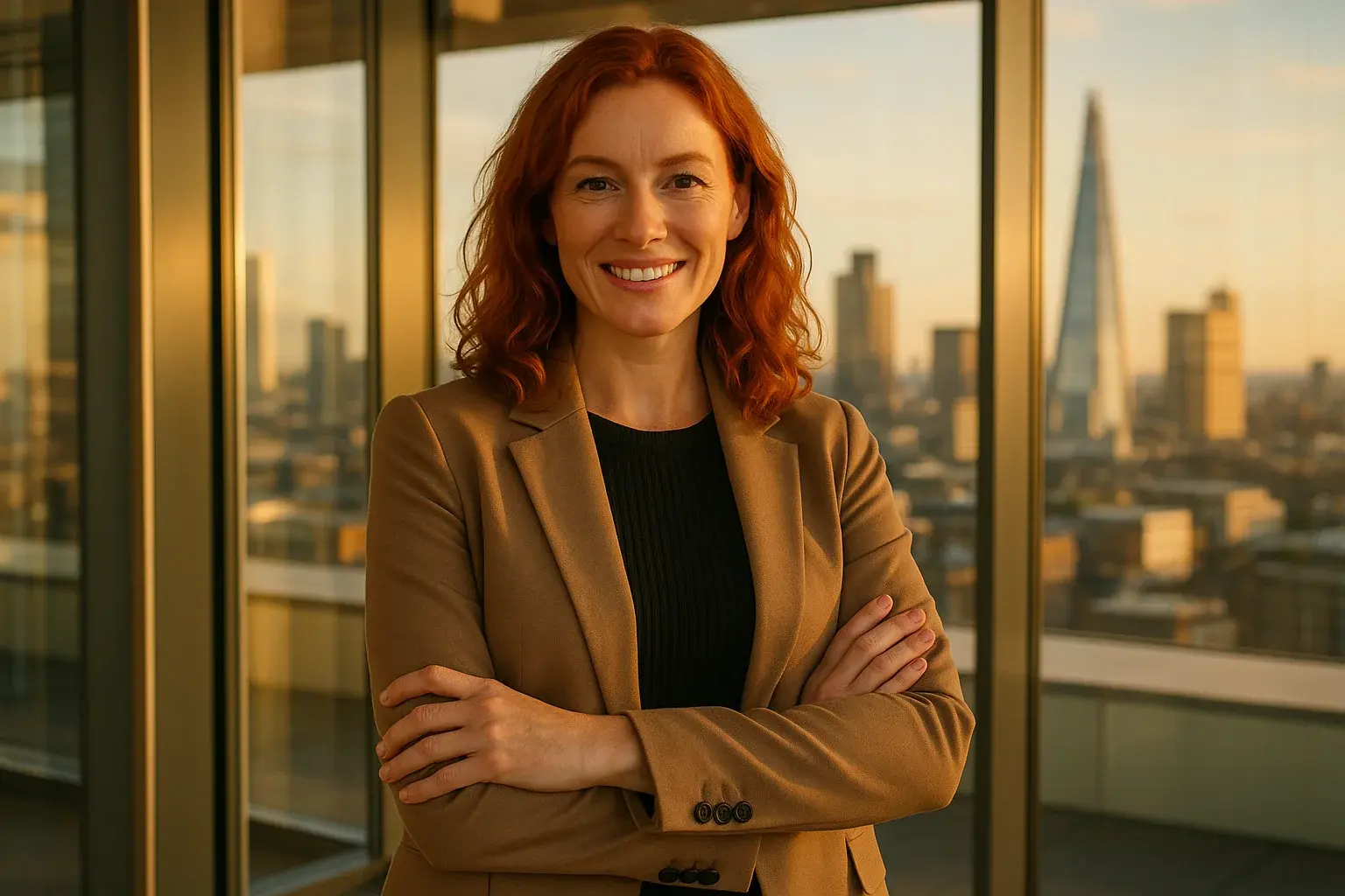 Confident British red-haired woman smiling in modern London office with cityscape