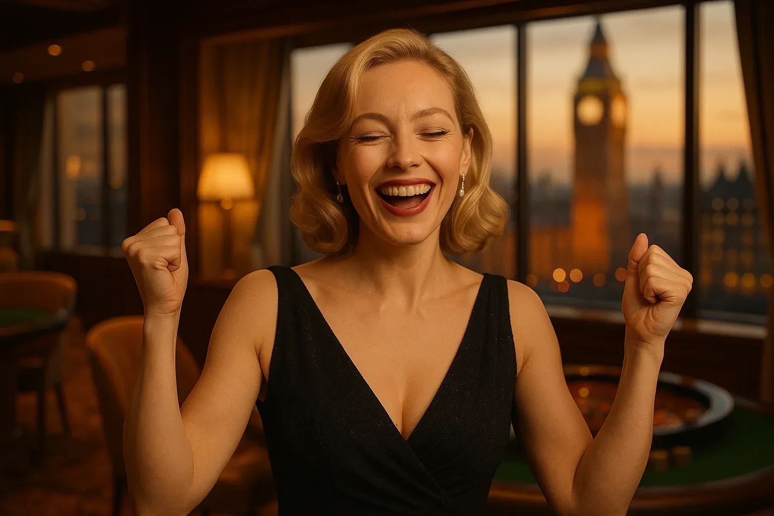 Elegant British blonde woman celebrating in London penthouse with Big Ben view