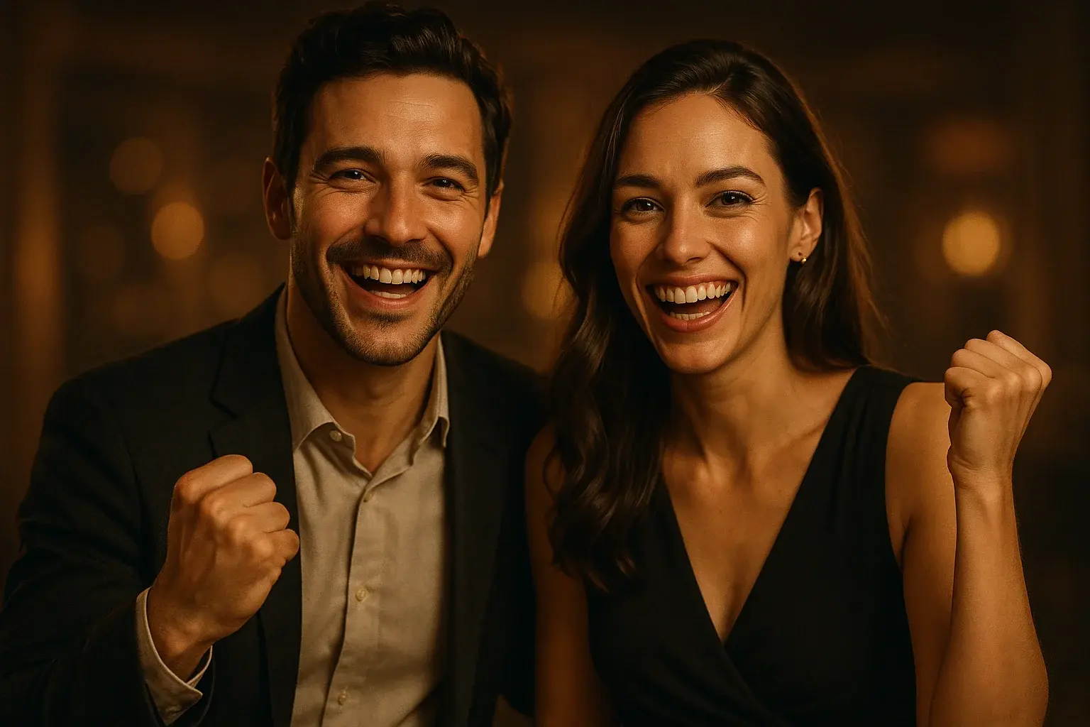 Photorealistic portrait of smiling man and woman celebrating in warm bokeh light