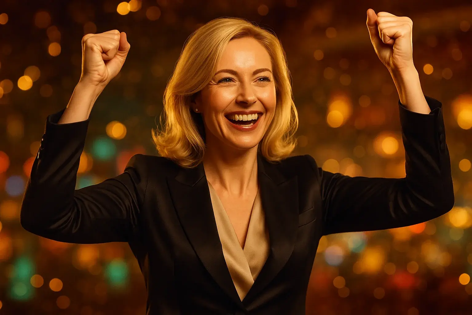 Elegant British blonde woman celebrating with raised arms in vibrant casino lights